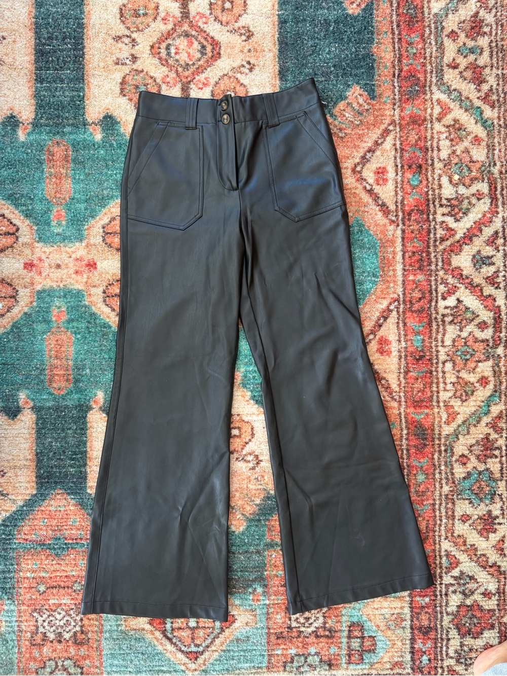 Anthropologie (Maeve) Black full length boot cut Faux Leather Pants